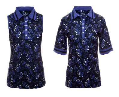 Cracked Wheat Ladies & Plus Size Sleeveless Emily Golf Shirt and Short Sleeve Alice Golf shirt in Navy Floral print