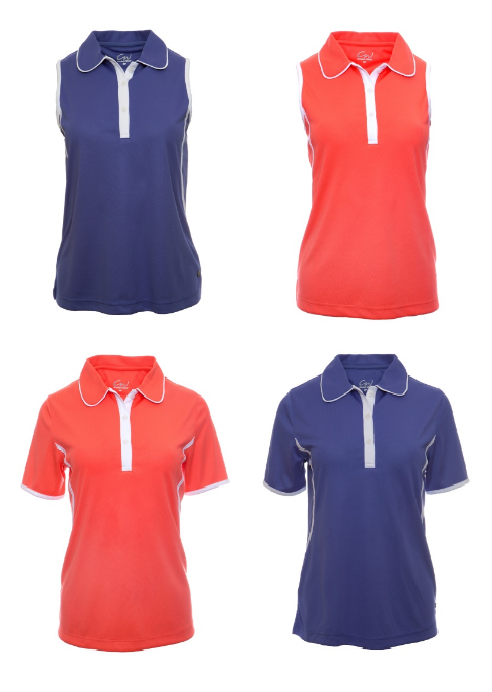 Cracked Wheat Ladies Sleeveless and Short Sleeve golf shirt in Periwinkle and Nectar