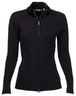 Greg Norman Ladies Faux Fur Collar Rib Golf Sweaters - El Morado (Black)