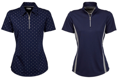 Greg Norman Ladies & Plus Size Circle Foil Print and Mesh Trim Short Sleeve Golf Polo Shirts - Chain Reaction (Navy)