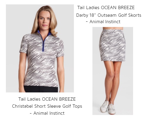 Tail Ladies Ocean Breeze Christabel Short Sleeve Golf tops Tail Ladies Ocean Breeze Darby 18” Outseam golf skort Animal Instinct