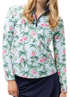 SPECIAL SanSoleil Ladies SOLTEK Lux Long Sleeve Print Zip Mock Golf Sun Shirts - Flamingo Palm