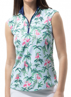 SPECIAL SanSoleil Ladies SolTek LUX Sleeveless Print Zip Mock Golf Shirts - Flamingo Palm