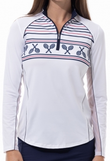 SPECIAL SanSoleil Ladies SolCool Long Sleeve Zip Mock with Piping Tennis Shirts - Sidelines