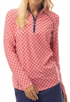 SanSoleil Ladies & Plus Size SolCool Long Sleeve Zip Mock with Piping Golf Sun Shirts - Cherry Pie