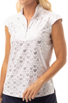 SanSoleil Ladies SOLSHINE Foil Print Sleeveless Zip Mock Golf Shirts - Heartbreaker White/Silver