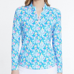 Sport Haley Ladies & Plus Size TEMPO L/S Print Golf Mock Shirts - Cool Elements (Tropical Multi)