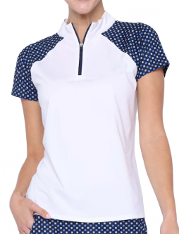 Belyn Key Ladies Raglan Short Sleeve Zip Golf Shirts - AMERICAN BEAUTY (Chalk/Marine Print)