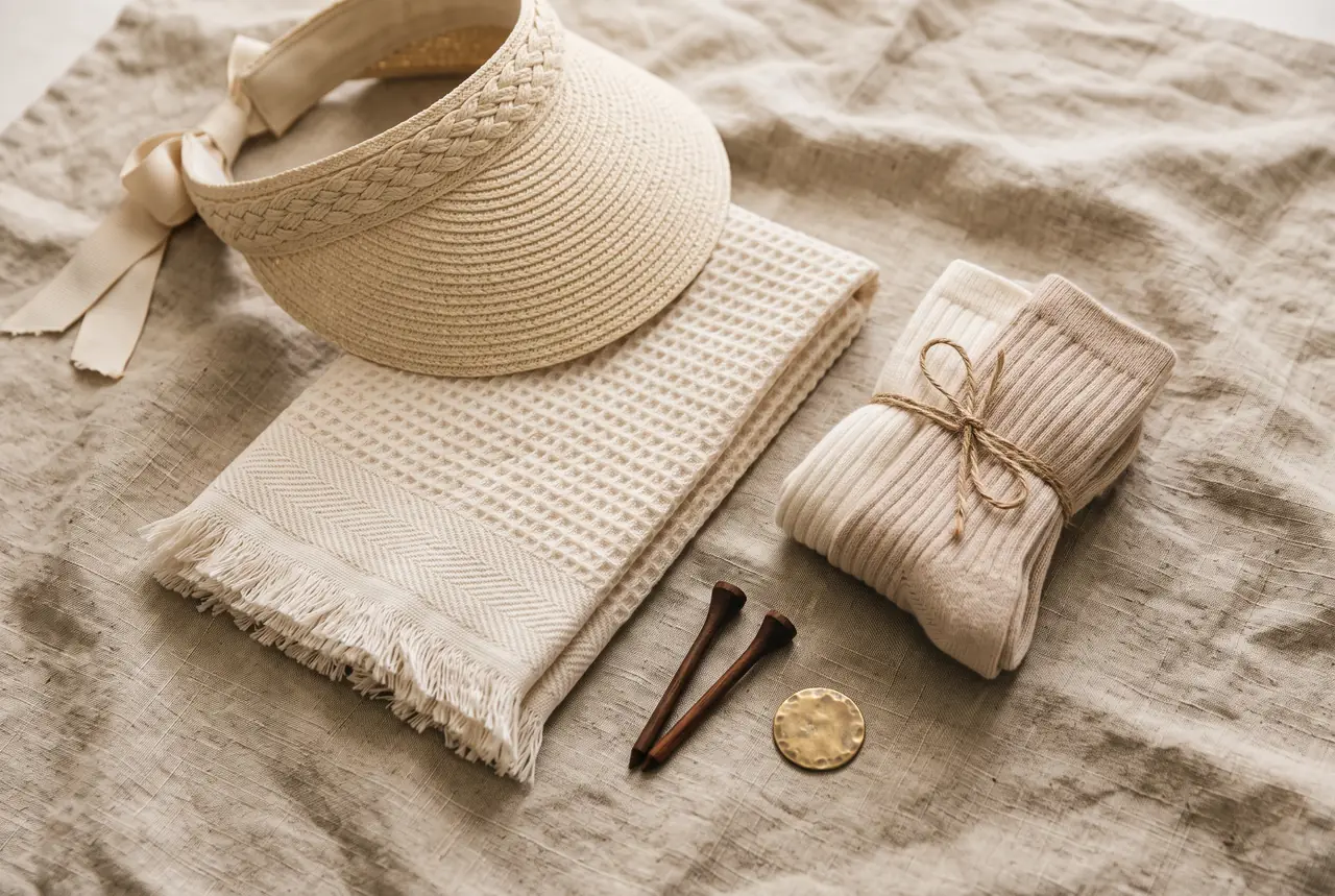 Golf visor, towel, socks, tees and a ball marker laid on linen