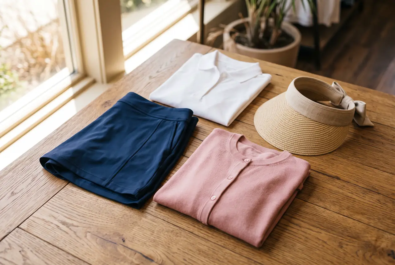 Folded navy skort, white polo, cardigan and visor arranged on an oak table