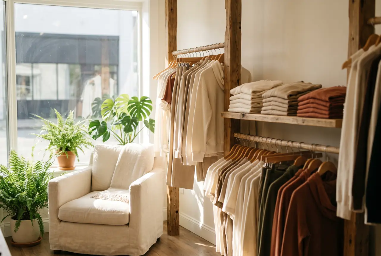 Bright boutique interior with rails of women's golf clothing