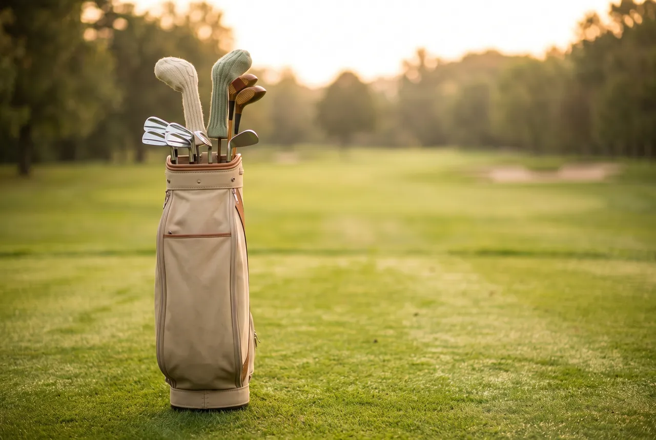 Clean, dry golf clubs back in a canvas golf bag with knitted head covers