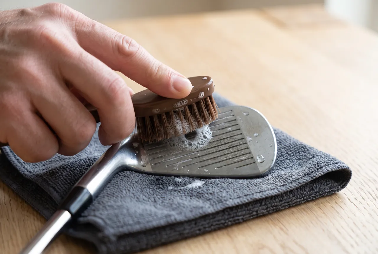 Soft bristle brush cleaning the grooves of a golf iron on a microfiber towel