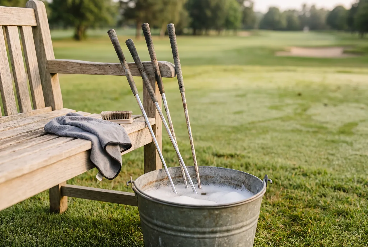 How to clean golf clubs: irons standing in a bucket of soapy water with only the club heads submerged