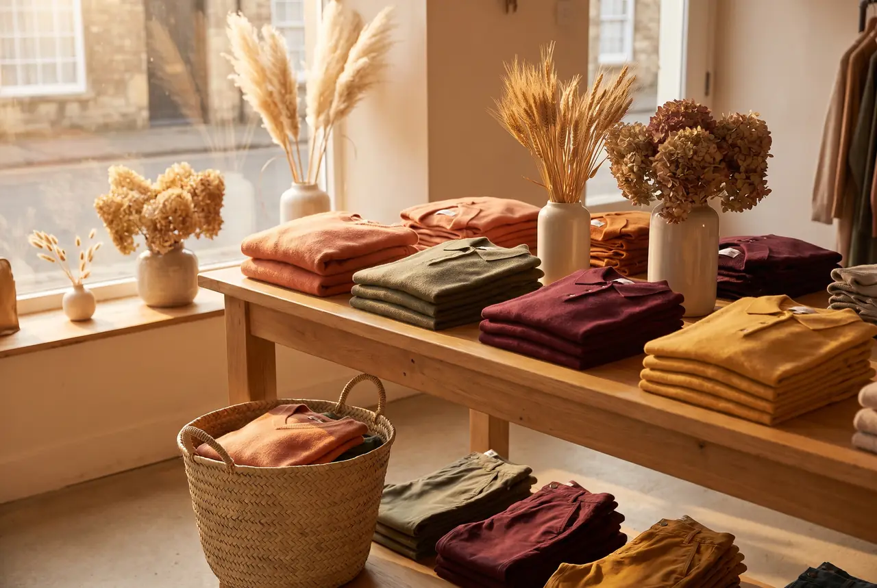 Folded women's golf clothing on a table in a boutique at end of season