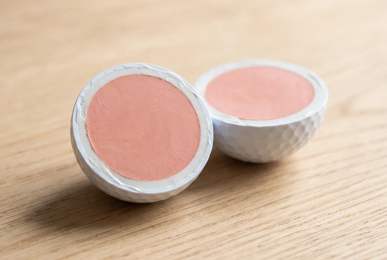 Golf ball cut in half showing a soft core, mantle layer and thin cover