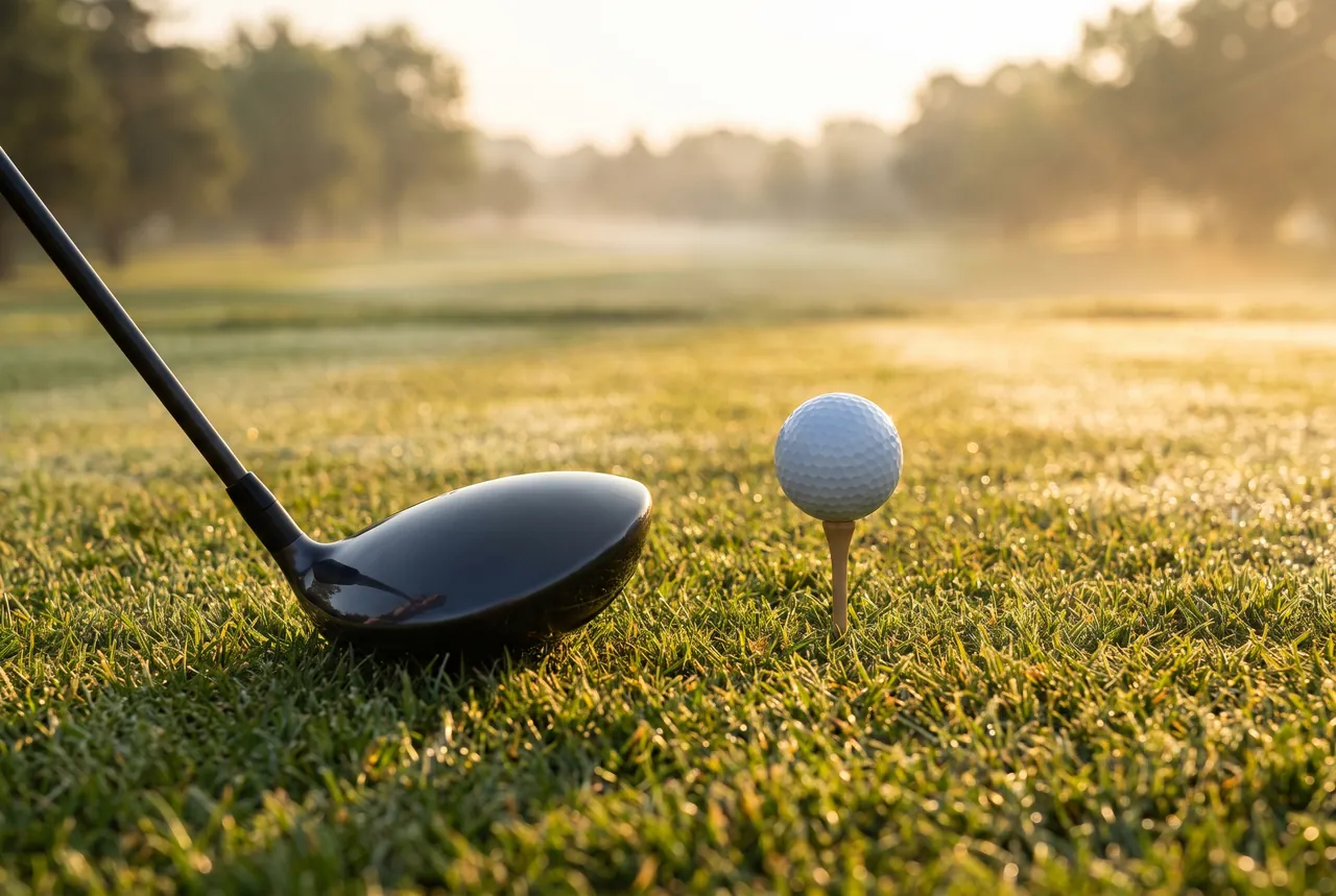 Driver resting behind a golf ball on a tee at sunrise, the faster swing speeds that load high compression golf balls