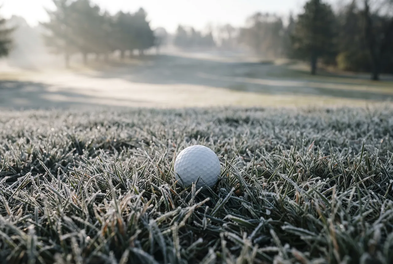Golf ball resting on frost-covered grass on a cold morning