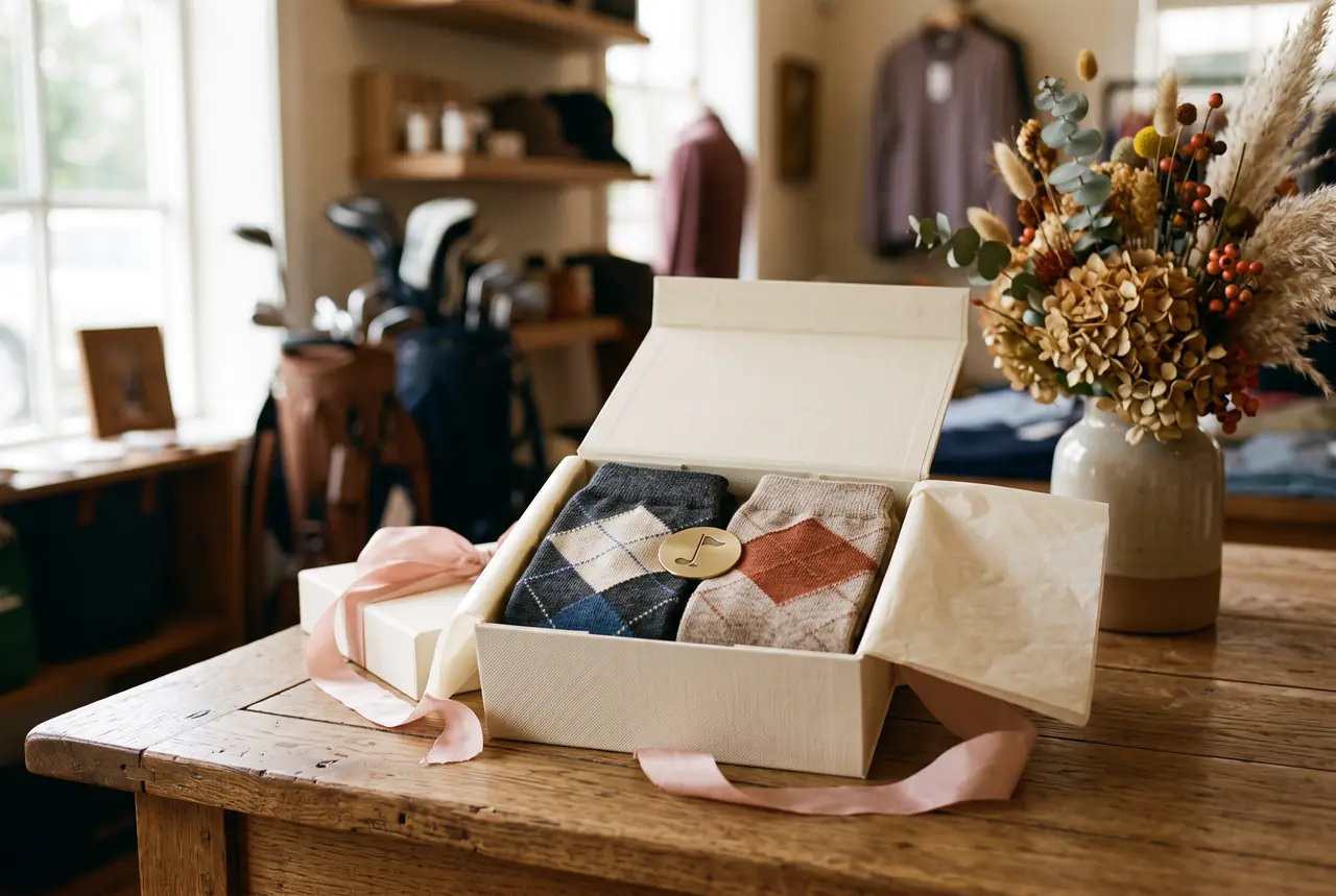 Open gift box with folded golf socks and a ball marker on an oak table