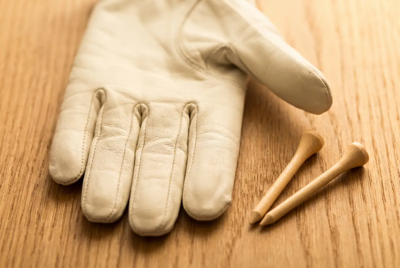 Cream leather women's golf glove on oak beside two wooden tees