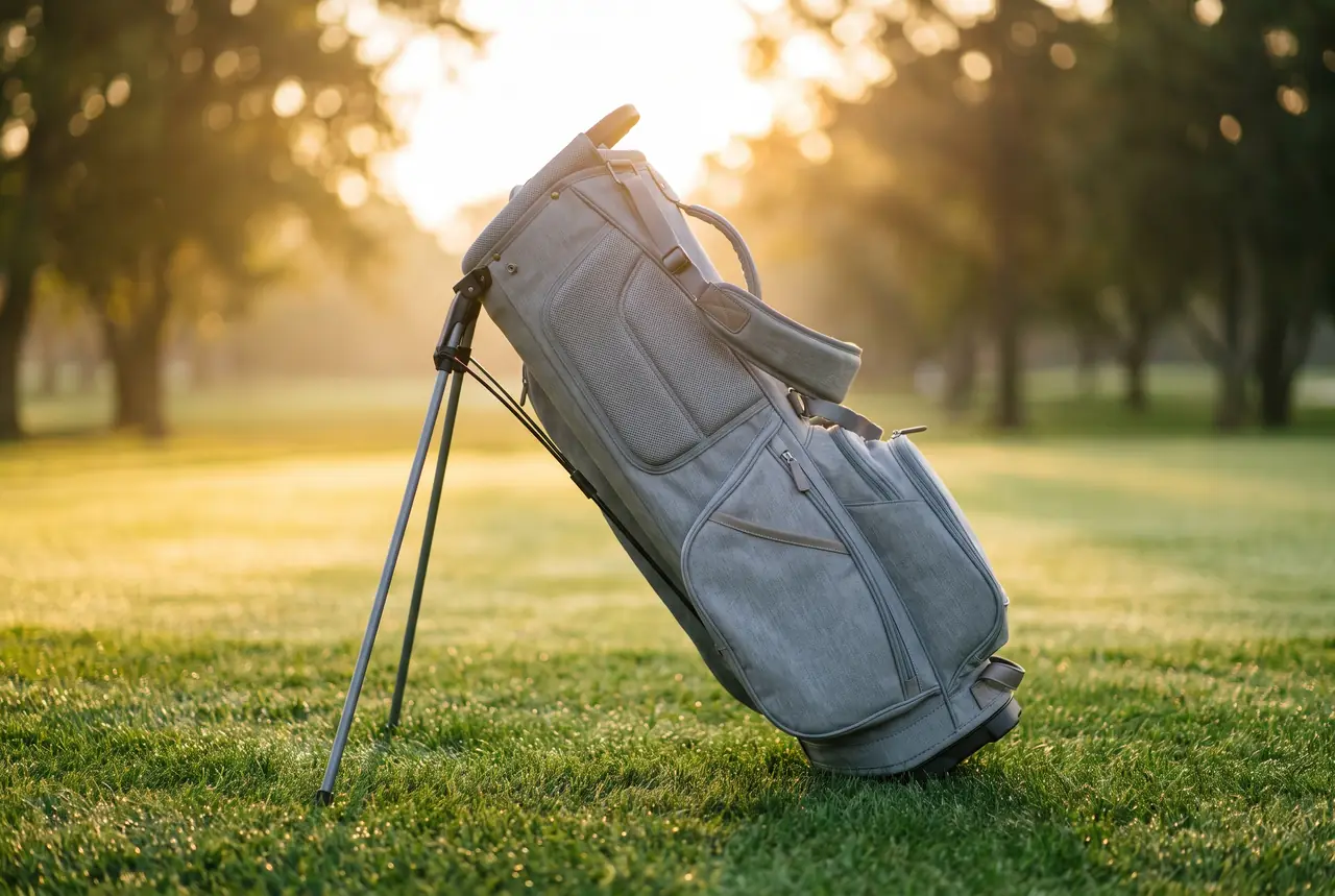 Grey women's golf stand bag on grass in morning light