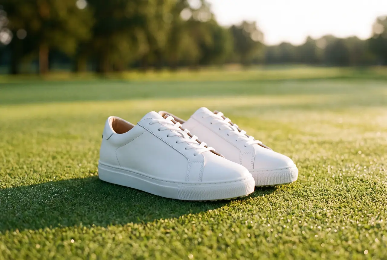Pair of white women's golf shoes on cropped green turf