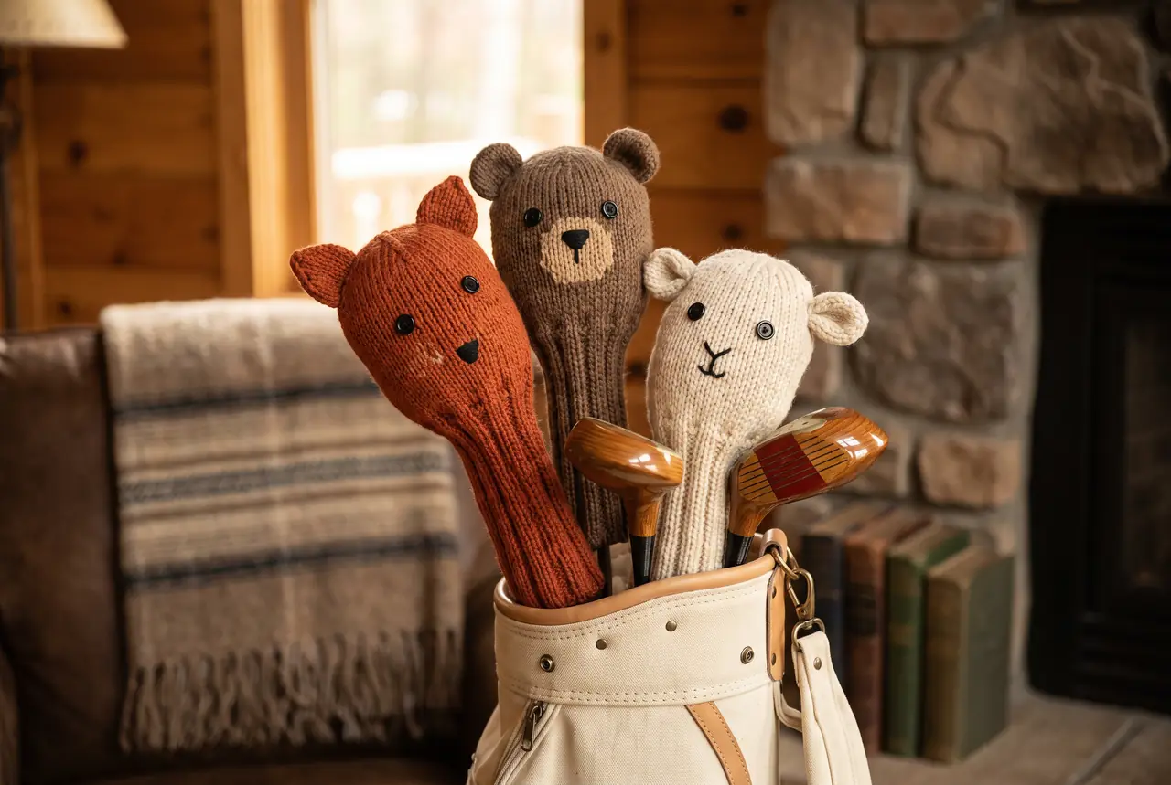 Knitted fox, bear and lamb golf head covers on clubs in a canvas golf bag