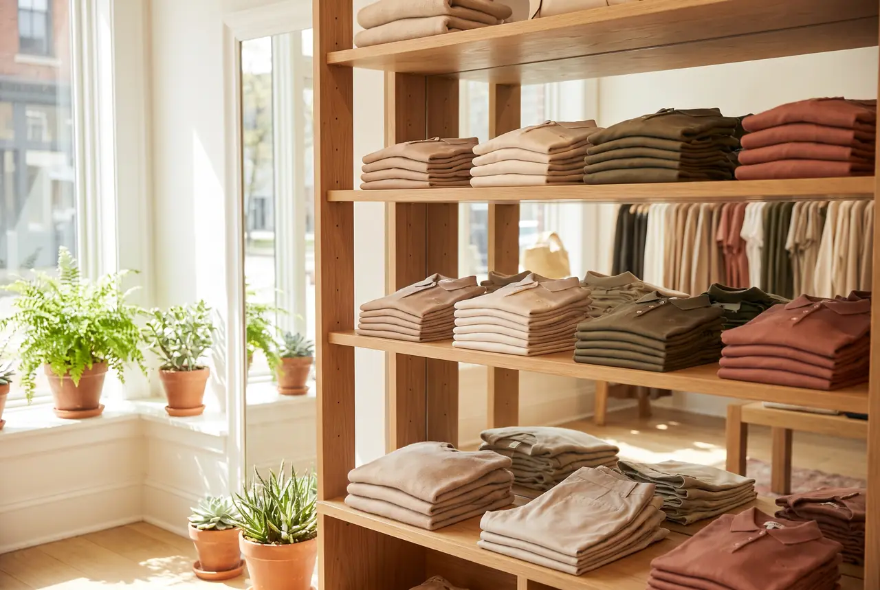 Folded women's golf clothing on open wooden shelving in a shop