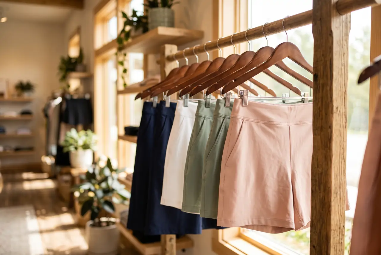 Women's golf skorts and shorts on a wooden rail in a bright shop