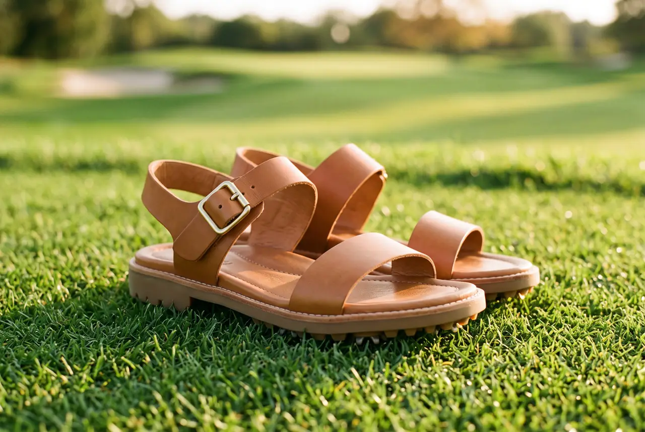 Tan leather women's golf sandals on green grass