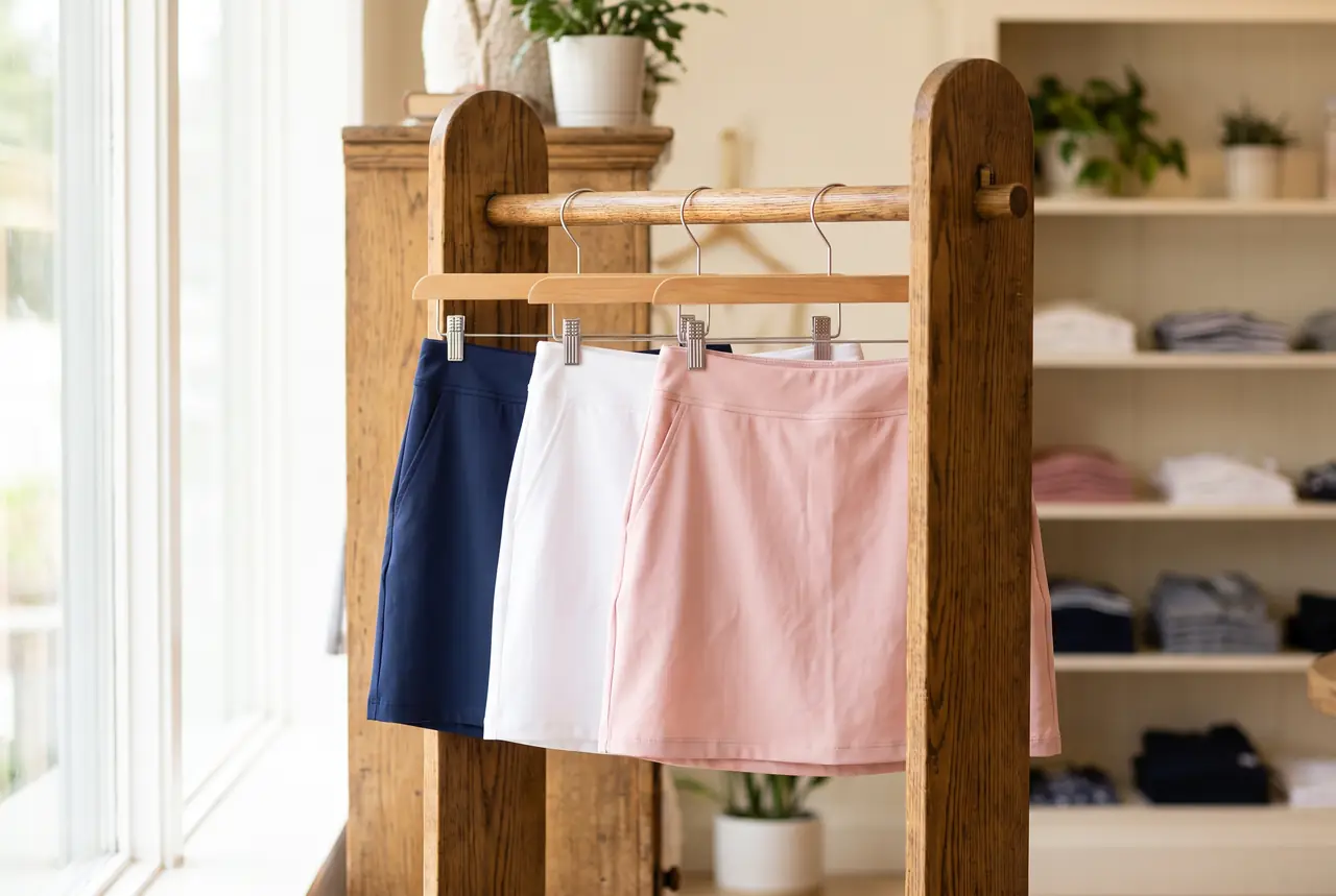 Women's golf skorts on a wooden rail in a bright shop
