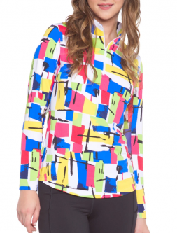 SPECIAL Ibkul Ladies Mondrian Print Long Sleeve Mock Neck Golf Sun Shirts - Multi