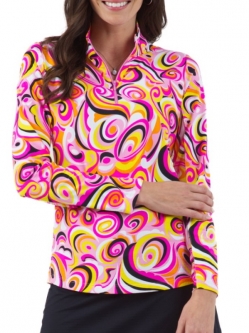 SPECIAL Ibkul Ladies Emma Print Long Sleeve Mock Neck Golf Sun Shirts - Hot Pink
