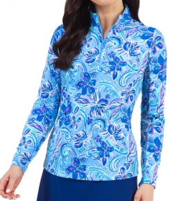 Ibkul Ladies & Plus Size Allie Print Long Sleeve Mock Neck Golf Sun Shirts - Peri