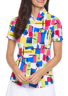 SPECIAL Ibkul Ladies Mondrian Print Short Sleeve Mock Neck Golf Shirts - Multi