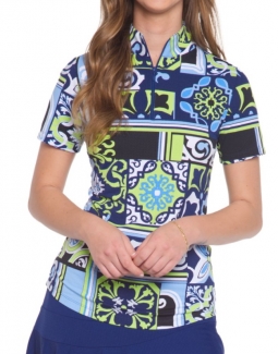 SPECIAL Ibkul Ladies Jacklin Print Short Sleeve Mock Neck Golf Shirts - Navy/Lime