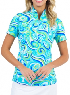 SPECIAL Ibkul Ladies Emma Print Short Sleeve Mock Neck Golf Shirts - Turquoise