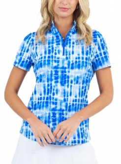 SPECIAL Ibkul Ladies Rue Print Short Sleeve Mock Neck Golf Shirts - Navy