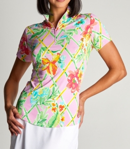 SPECIAL Gottex Lifestyle Ladies Veranda Print Short Sleeve Zip Mock Golf Shirts - Pink