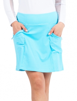 SPECIAL Ibkul Ladies Mini Check 18" Pull On Golf Skorts - Turquoise/White
