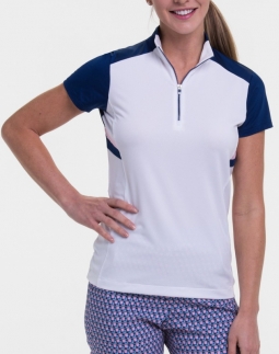 SPECIAL EP New York Ladies Cap Sleeve Zip Mock Golf Shirts - AMERICAN BEAUTY (White Multi)