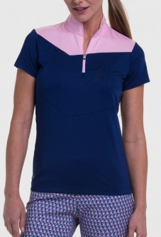 SPECIAL EP New York Ladies Cap Sleeve Zip Mock Golf Shirts - AMERICAN BEAUTY (Inky Multi)