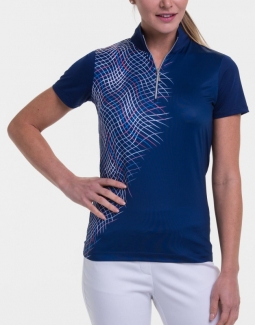 SALE EP New York Ladies Short Sleeve Zip Mock Golf Shirts - AMERICAN BEAUTY (Inky Multi)