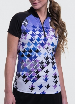 SPECIAL EP New York Ladies Cap Sleeve Zip Mock Golf Shirts - HOUNDSTOOTH MANIA (Black Multi)