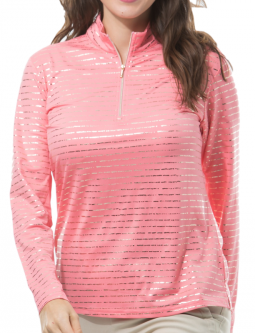 SanSoleil Ladies & Plus Size SolShine Foil Print Long Sleeve Zip Mock Golf Shirts - Morse Code Coral