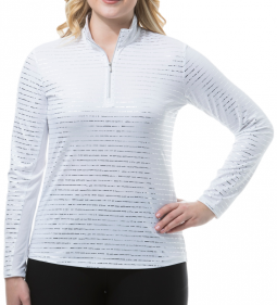 SanSoleil Ladies & Plus Size SolShine Foil Print Long Sleeve ZipMock Golf Shirts - Morse Code Silver
