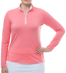 SPECIAL SanSoleil Ladies SolShine Long Sleeve Solid Mock Golf Shirts - Coral & Classic Blue