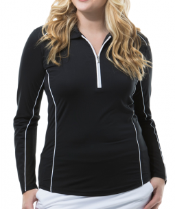 SanSoleil Ladies SunGlow Long Sleeve Zip Mock Golf Shirts - Black