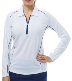 SPECIAL SanSoleil Ladies SunGlow Long Sleeve Zip Golf Sun Polo Shirts - White/Navy