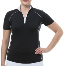 SanSoleil Ladies SunGlow Short Sleeve Zip Mock Golf Shirts - Black
